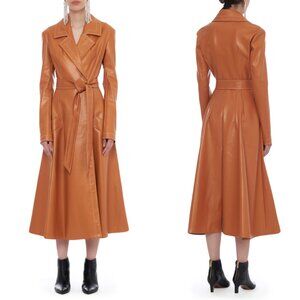 $1050 A.W.A.K.E. Gingerbread Orange Faux Leather Belted Trench Coat size IT 34/0